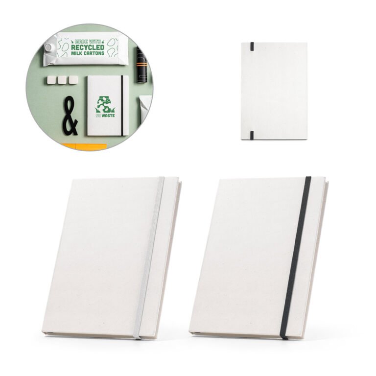 93271-MILKY. Caderno A5 produzido através de pacotes de leite reciclados com folhas pautadas recicladas