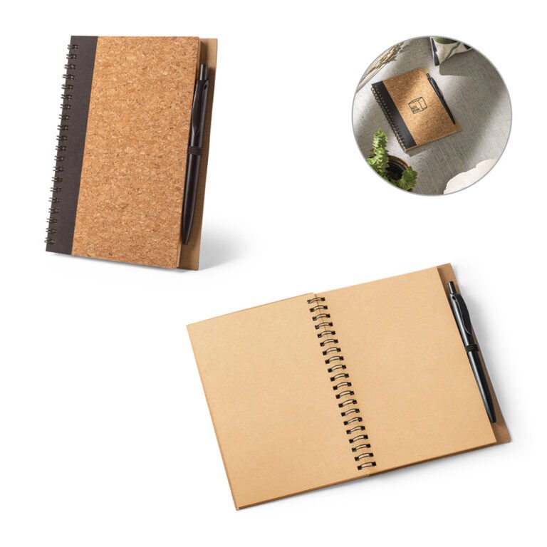 93285-VICENTE. Caderno B6 em cortiça e poliéster 100% reciclado (100% rPET) com folhas lisas recicladas
