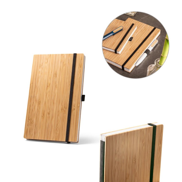 93582-BUARQUE A5. Caderno A5 de capa e contracapa em placa de bambu e lombada em poliéster 100% reciclado (100% rPET)