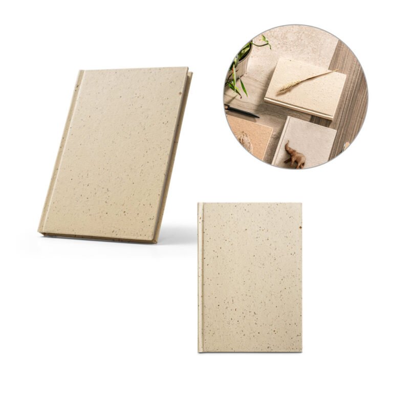 93623-BARLEYPAD. Caderno A5 com resíduos da cevada (25%) e trapos de algodão reciclado (75%) com folhas pautadas