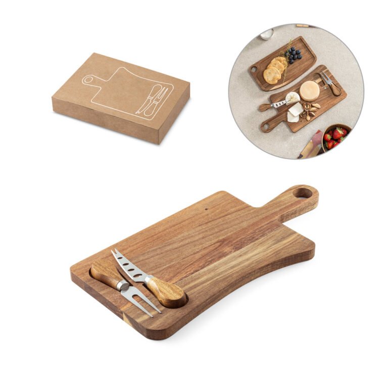 54293-HAVEN. Tábua de queijos em madeira de acácia com 2 utensílios em madeira de acácia e aço inox