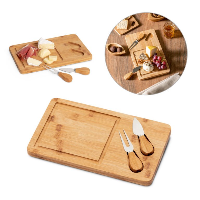 93830-WOODS. Tábua de queijos em bambu com 2 utensílios em bambu e aço inox