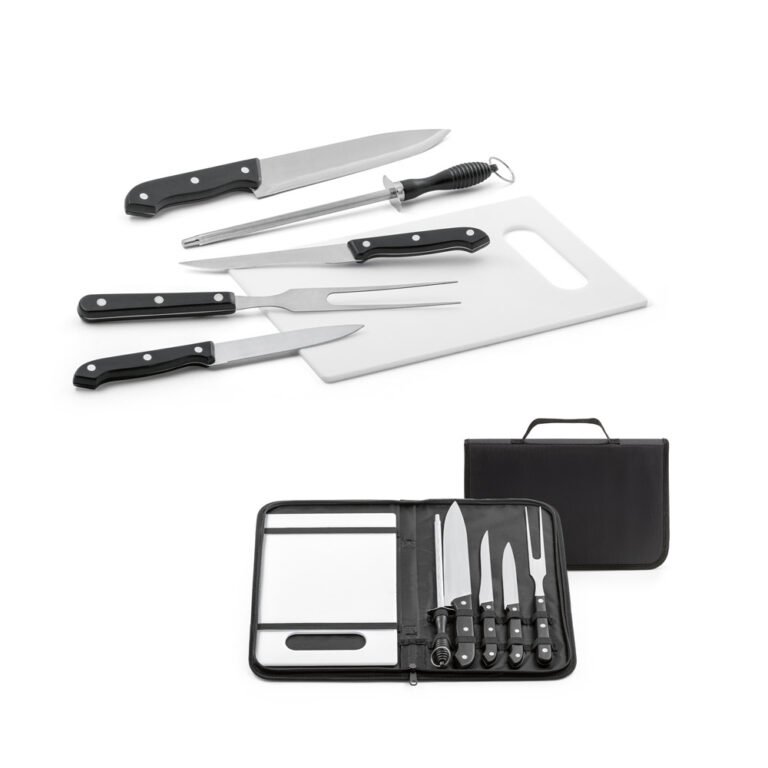 94144-BOTALY. Kit churrasco em estojo de nylon 210D com tábua em PP e 5 utensílios em aço inox e PP