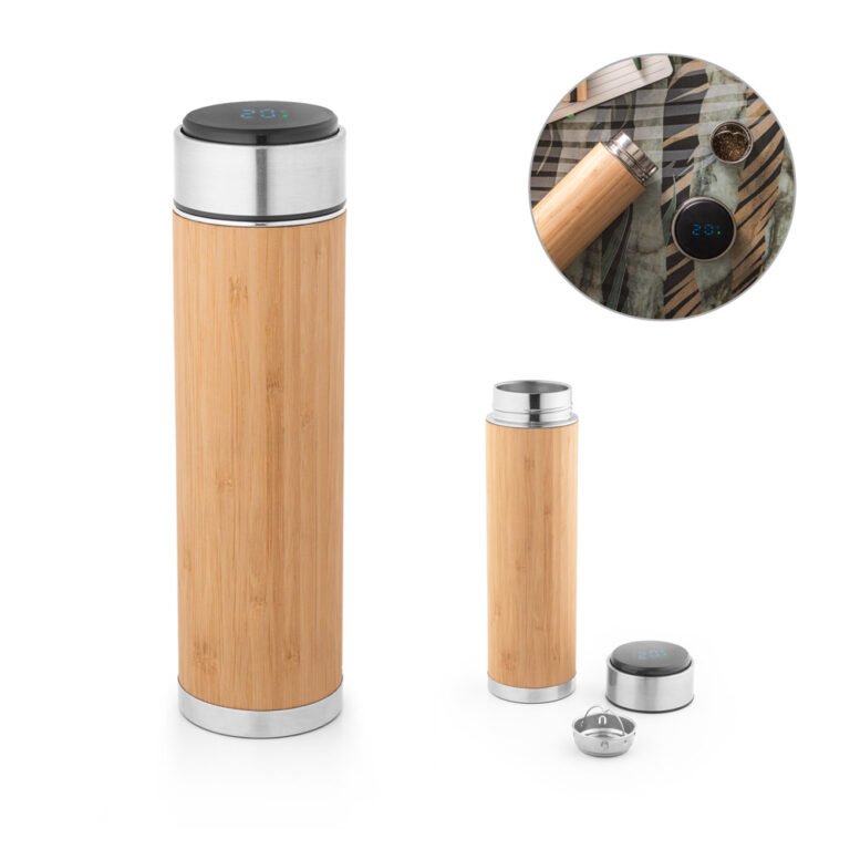 94296-JOSHUA. Squeeze térmico em aço inox reciclado e bambu com termómetro digital 430 mL