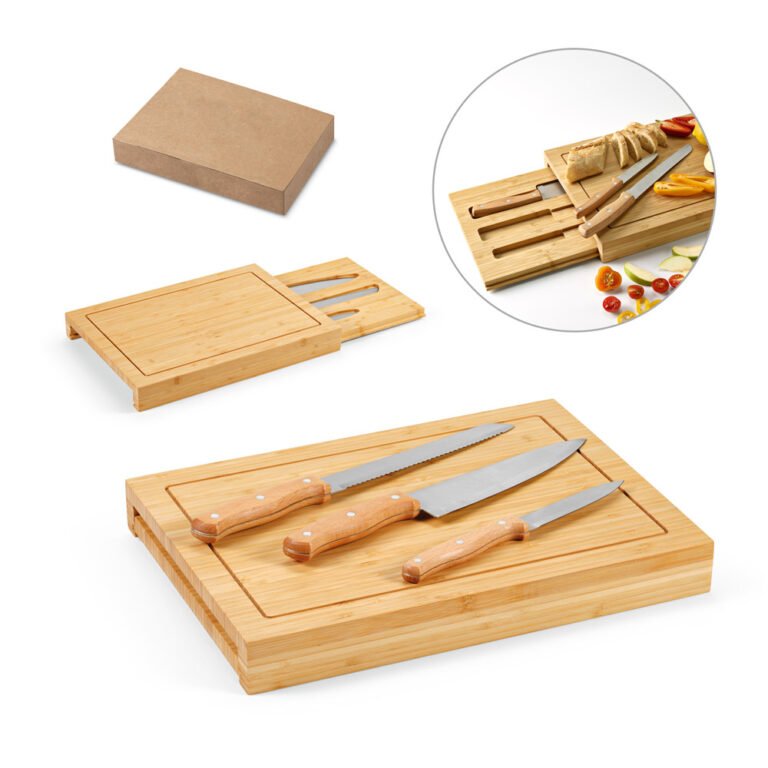 94339-MUGWORT. Conjunto de tábuas em bambu com 3 facas inclusas