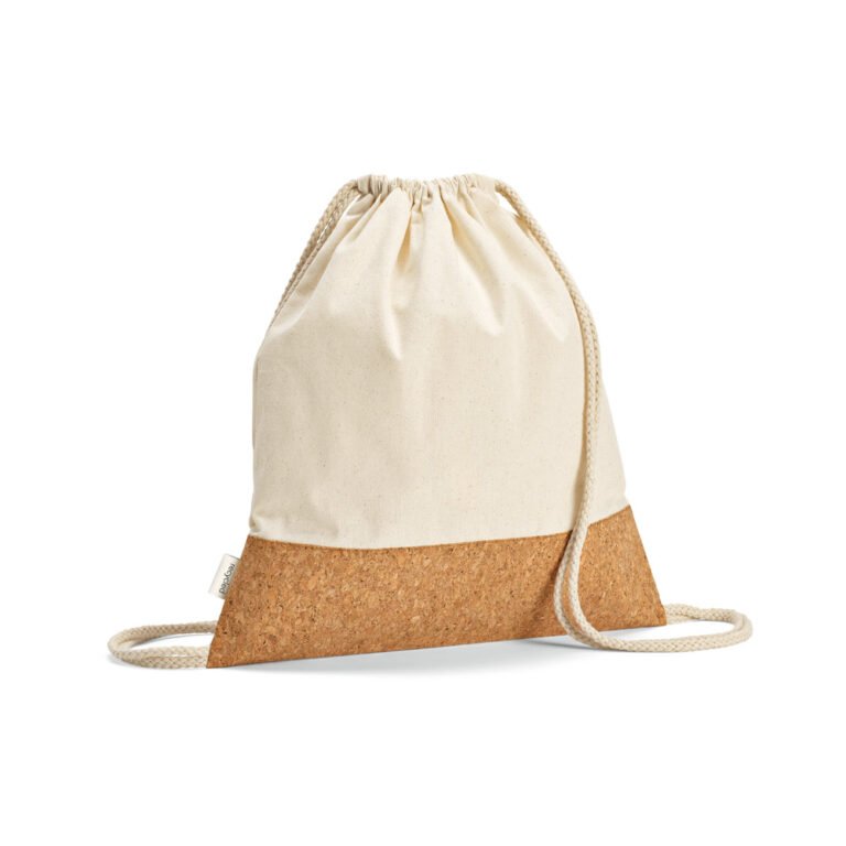 92340-MANAUS BPACK. Sacola tipo mochila em 70% algodão reciclado e 30% poliéster reciclado (180g/m²) com base em cortiça