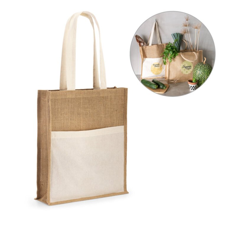 92823-BRAGA. Sacola em juta (240 g/m²) e bolso em 100% algodão (140 gm²)