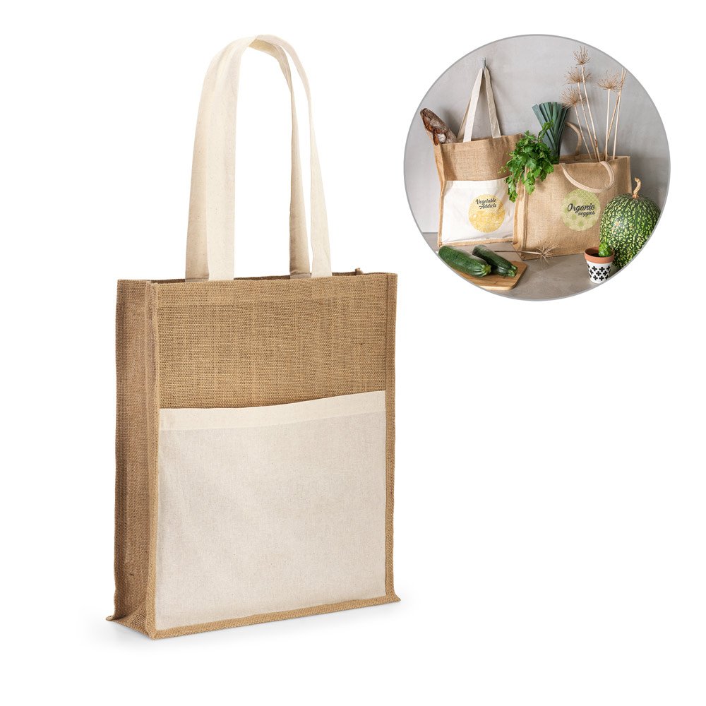 92823-BRAGA. Sacola em juta (240 g/m²) e bolso em 100% algodão (140 gm²)
