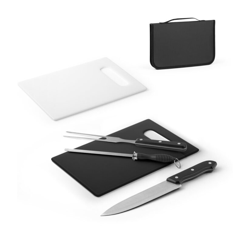 94102-RAVIOLI. Kit churrasco em estojo em 210D com peças em aço inox e PP