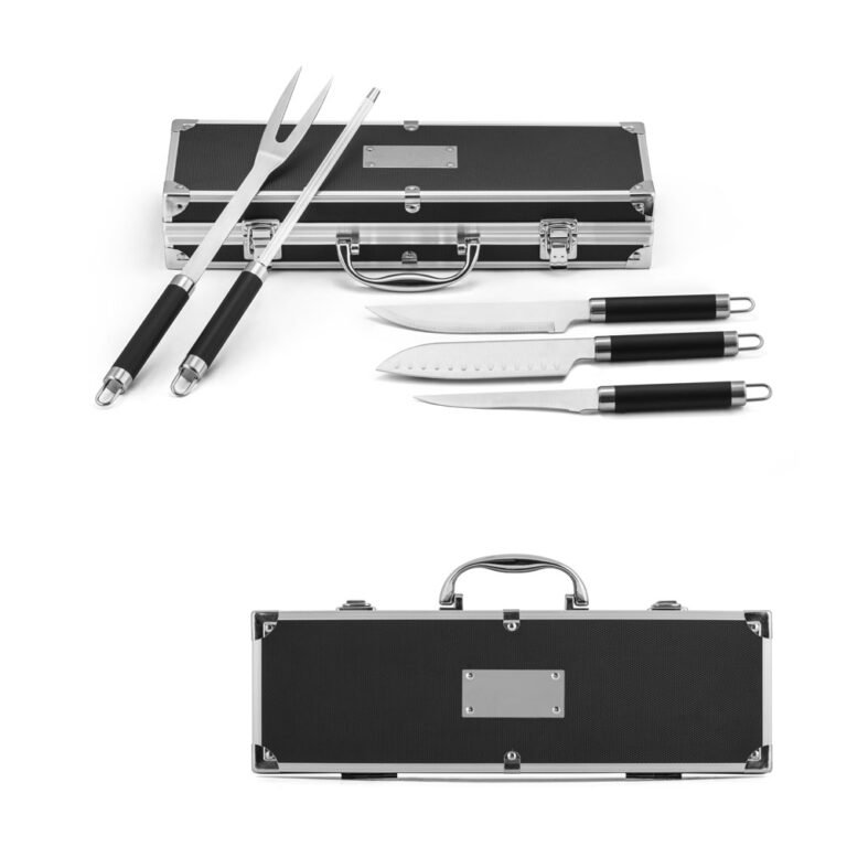 94109-VALASTRO. Kit churrasco em estojo de alumínio com 5 utensílios em aço inox e alumínio