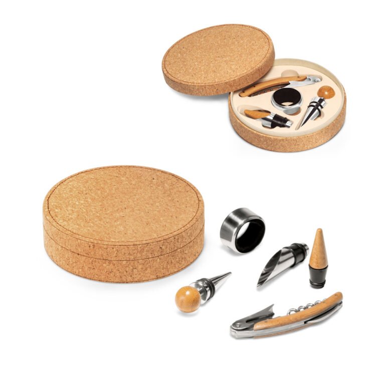 94119-MORETO. Conjunto para vinho com 4 peças em madeira e metal