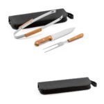 94145-GARLIC. Kit churrasco em estojo de 210D com 3 utensílios em aço inox e madeira de seringueira