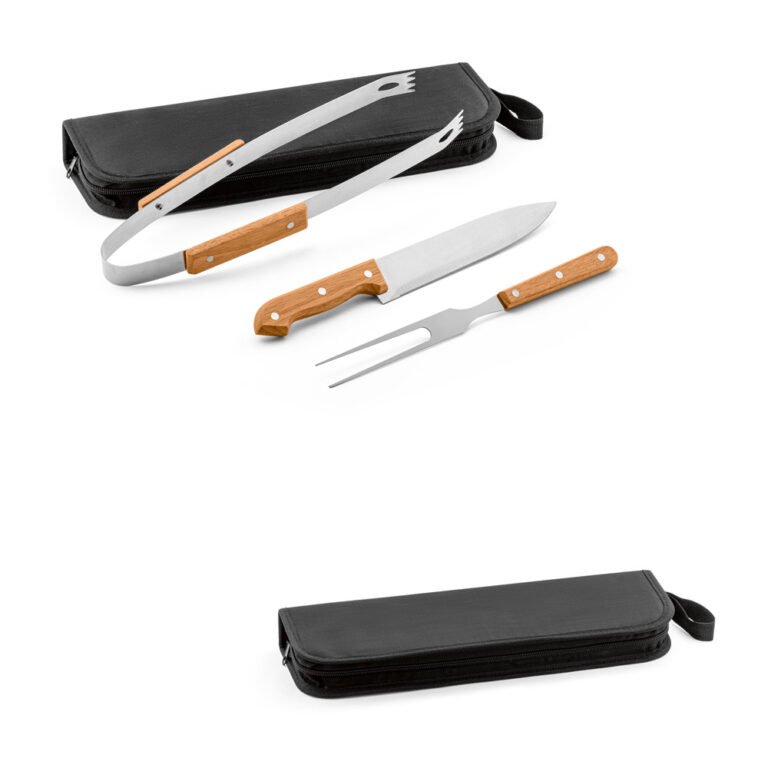 94145-GARLIC. Kit churrasco em estojo de 210D com 3 utensílios em aço inox e madeira de seringueira